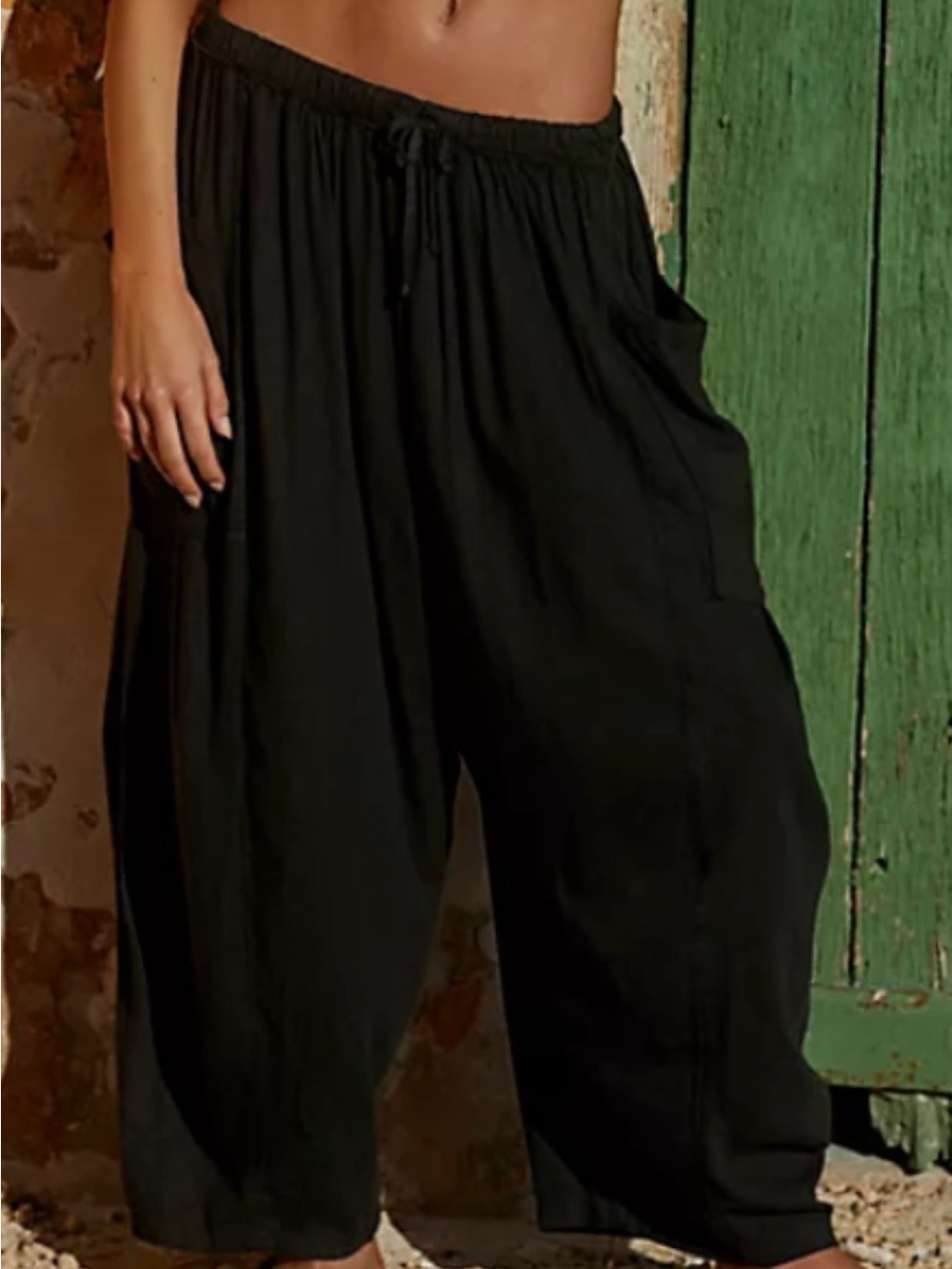 Free People Black Wide-Leg Drawstring Harem Quinn Pants